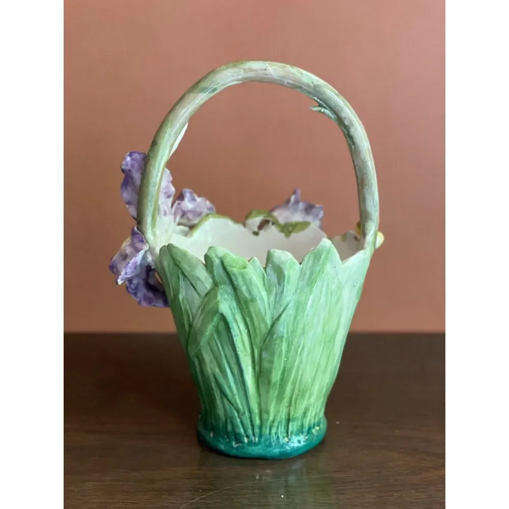 Vintage Delft Ceramic Iris Flower Basket Vase 13” Purple Floral Majolica Style